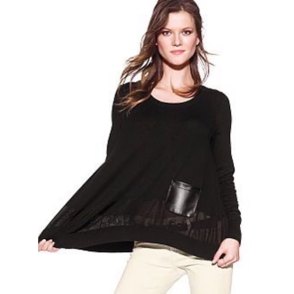 Victoria’s Secret Black Faux Leather Pocket Pullover Swing Sweater Small